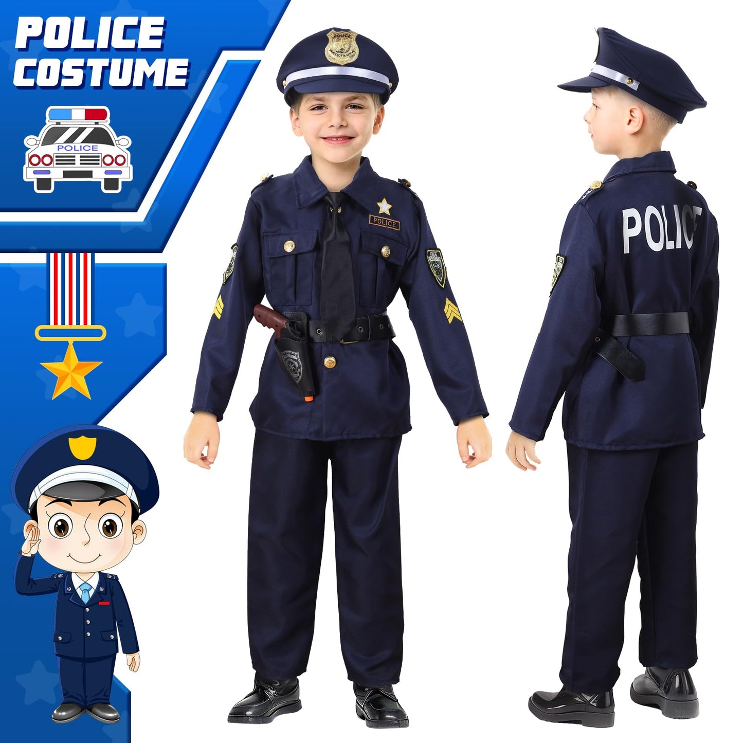 Skirfy 16Pcs Police Officer Costume For Boys,Police Costume For Kids,16Pcs Kids Cop Costume With Police Uniform,Police Toys,Kids