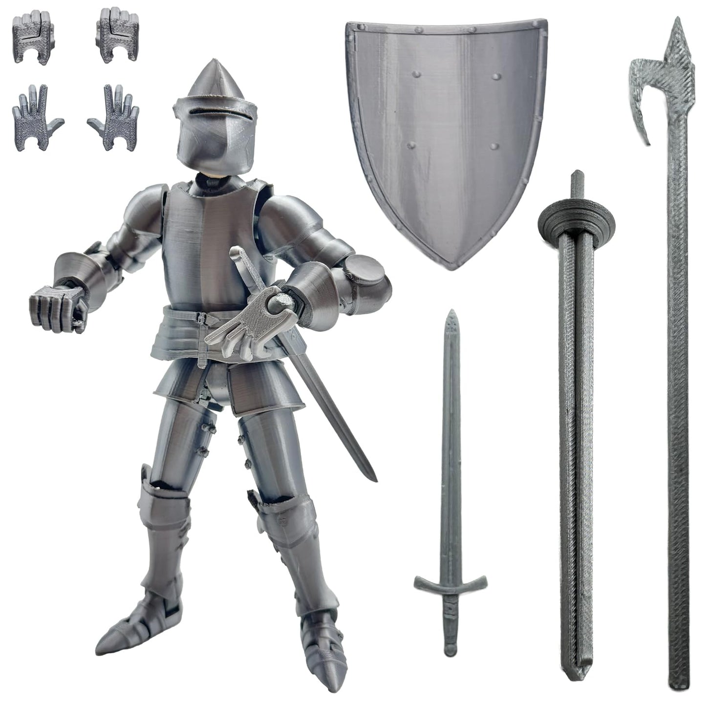enttgo Fine 3D Printed 8.95-inch Medieval Knight T13 Figure, Full Body Mechanical Movable Toy, Metallic Silver Craft Toy, Table
