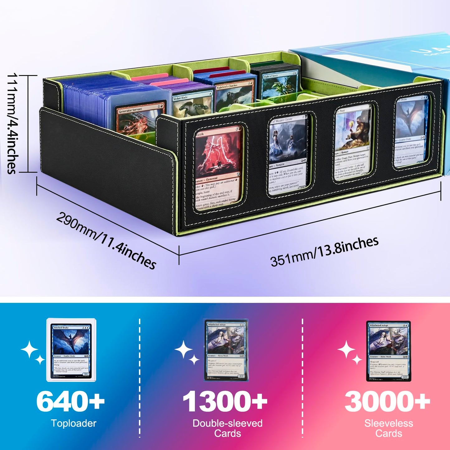 Uaono Trading Card Storage Box With Commander Display; 2400+ Deck Box For Mtg With Removable Cover; Toploader Card Case Fits Magic Tcg Ptcg Sports Cards; 24 Dividers, 4 Stoppers (Black, Lemon Green)
