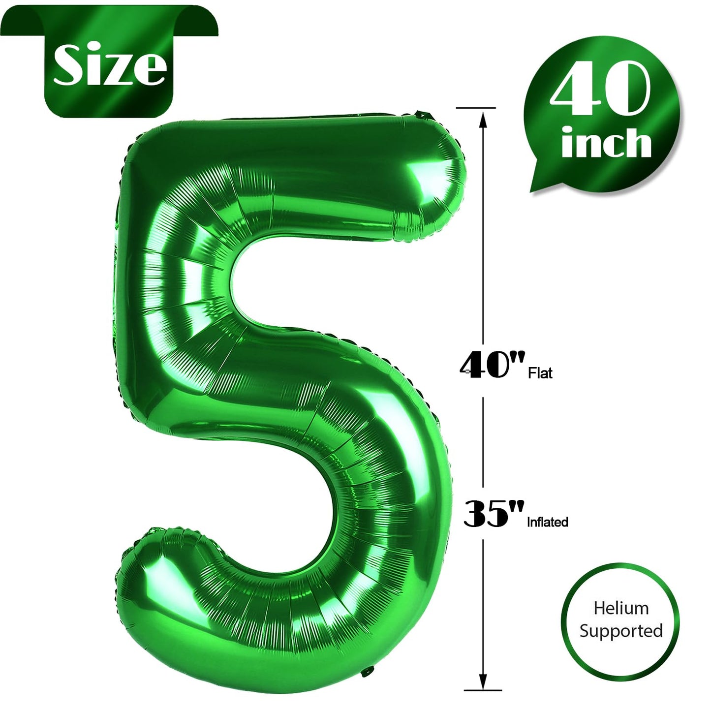Green Number 5 Balloon 40 Inch, 5 Balloon Number, 5Th Birthday Decorations, Green Party Supplies For Boys Girls