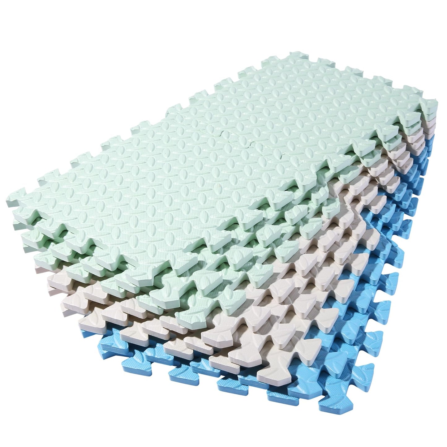 Tamiplay Foam Play Mat For Baby, Eva Soft Non-Toxic Baby Playmat, Interlocking Floor Mats, Solid Colored Foam Puzzled Floor Mats, Baby Play Mat Exercise Mats, 16 Tiles(White/Green/Light Blue)