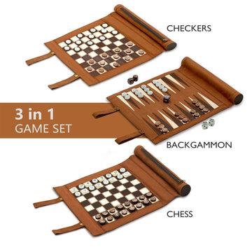 Woodronic 3 in 1 Backgammon Chess Checkers Set, Roll Up Travel Game, Faux Leather, Brown, 13'' x 10''