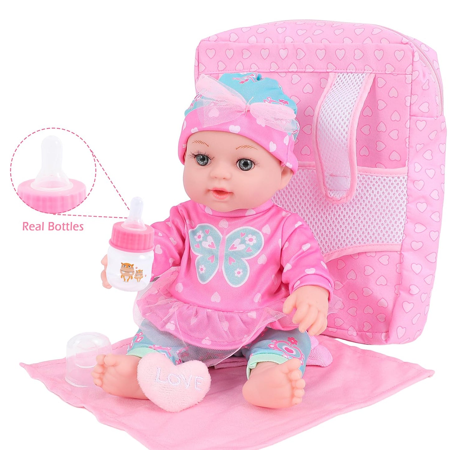 Dontno 12 Inch Baby Doll With Clothes And Backpack Carrier,Reborn Baby Doll With Bottles Nipple