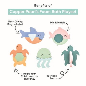 Copper Pearl 15-Piece Foam Bath Toy Set: Floating Foam Shapes For Kids, Fun Puzzle Bath Foam For Toddlers, Stick-On Baby Bath To