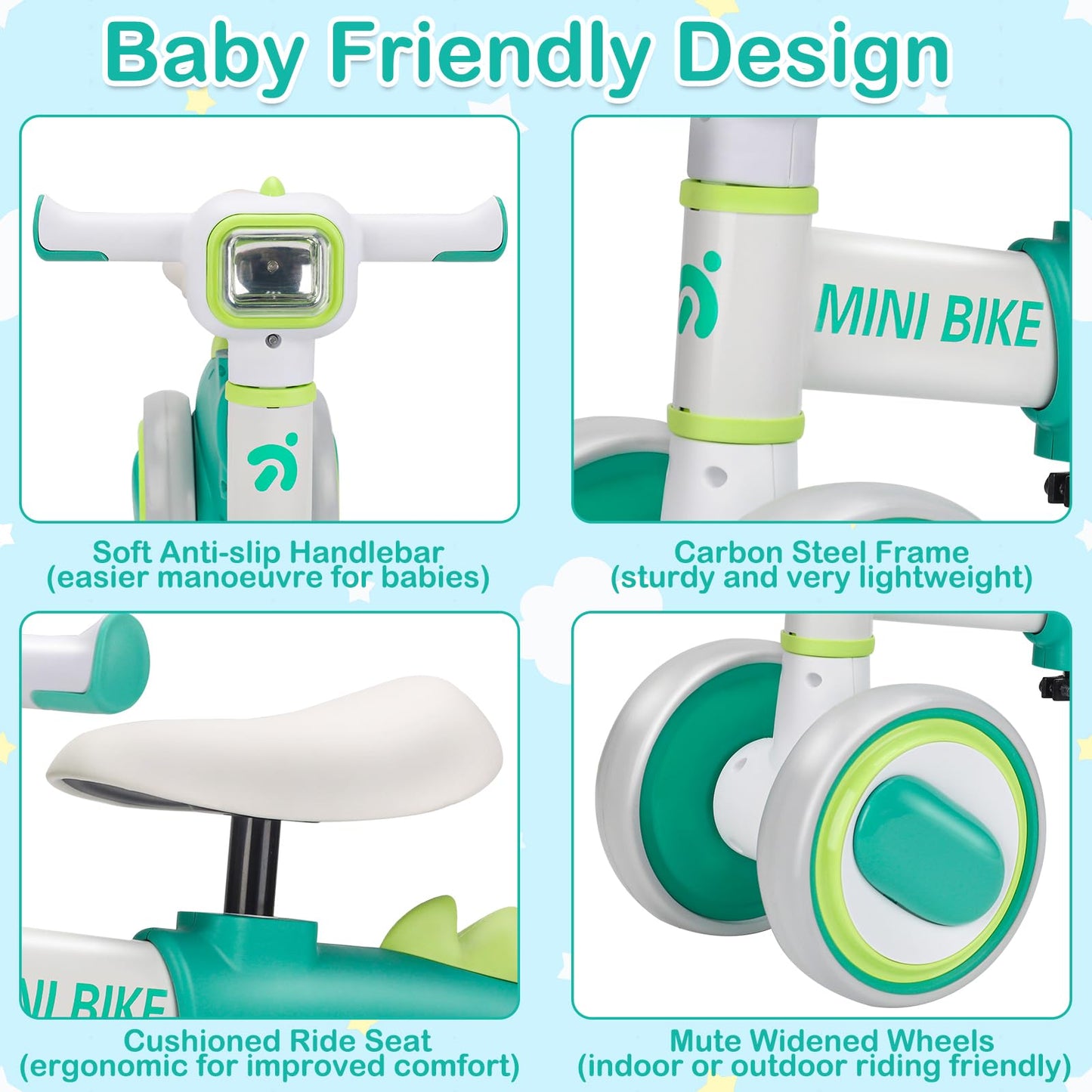 Baby Balance Bike for 1 Year Old Boys Girls Toddler Balance Bike 12-18-36 Months 4 Wheels Mini Walking Ride on Toys with Colorfu