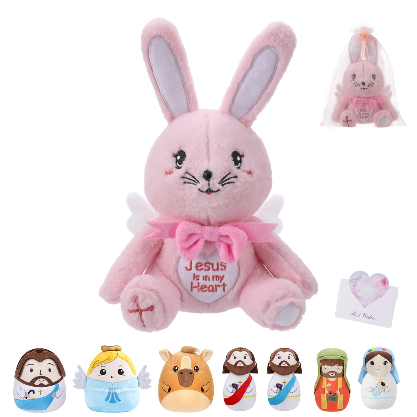 Leyoha Rabbit Stuffed Angel Plush Toy - Fluffy Bunny Plush Rabbit With Angelic Wings Inspirational Embroidery, Pink Stuffed Anim