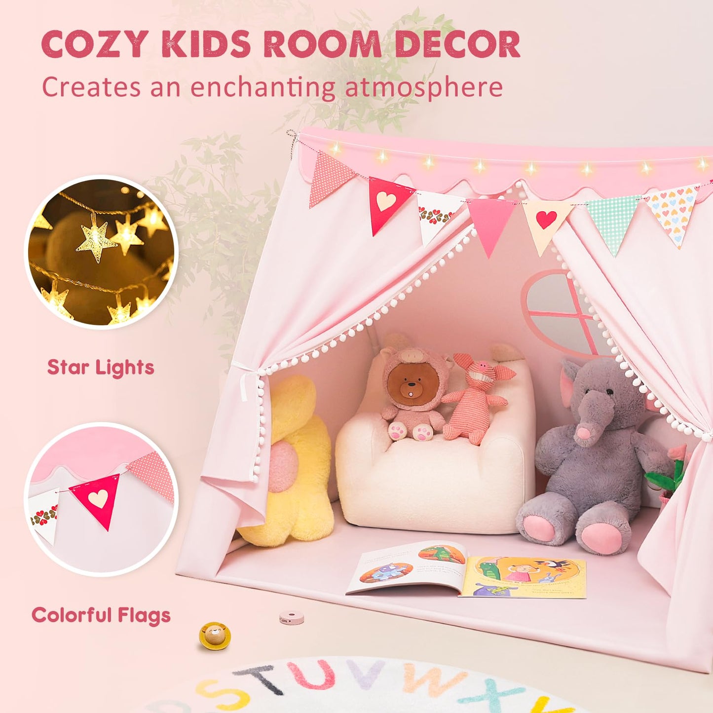 Piikago Kids Play Tent - Kids Tent Indoor With Star Lights And Flags, Play Tents For Toddlers 1-3, Kids Playhouse For Girls, Pin