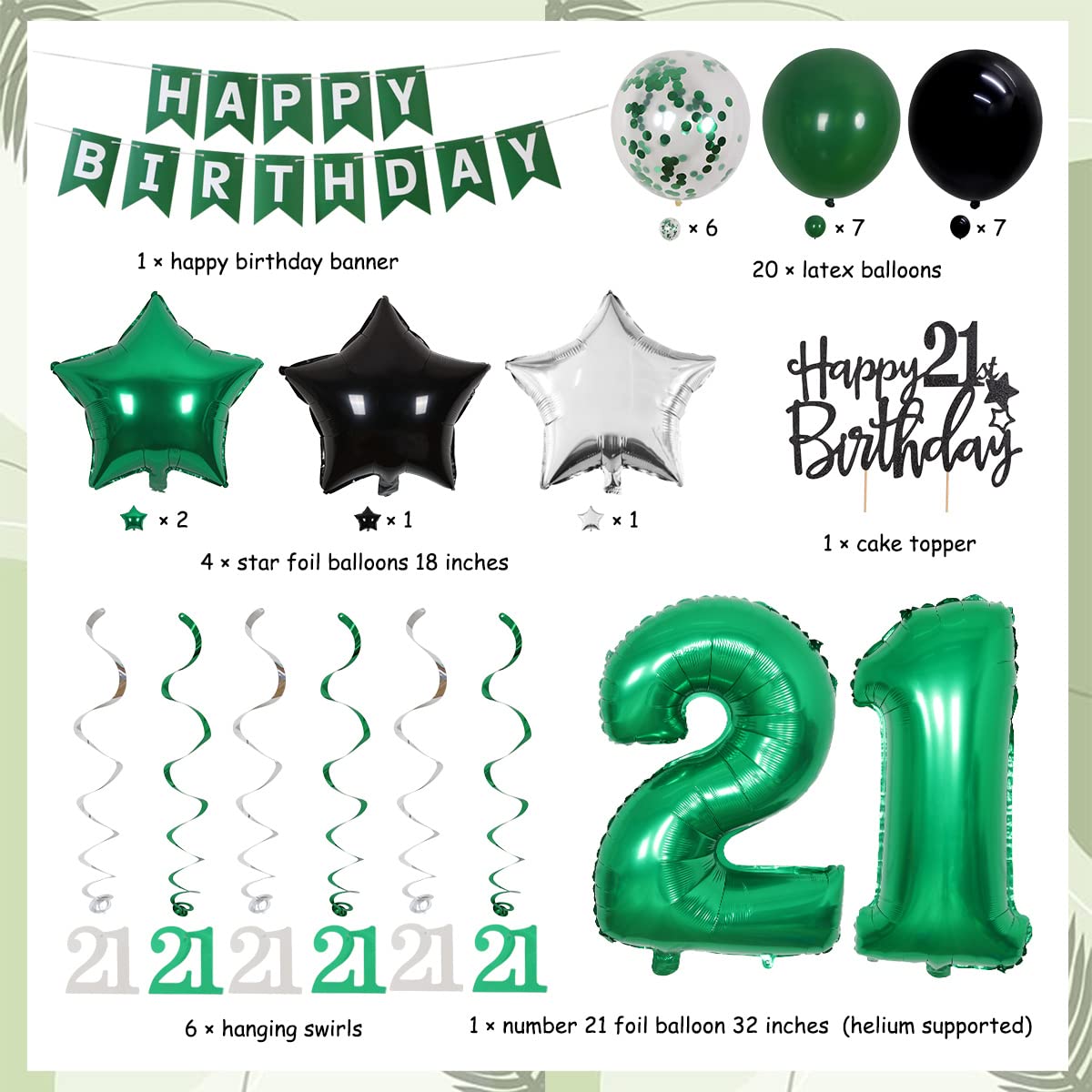 Cheereveal 21St Birthday Decorations For Her Him Green And Black Happy Birthday Banner Cake Topper Number 21 Foil Balloon Hanging Swirls For 21 Year Old Birthday Party Supplies