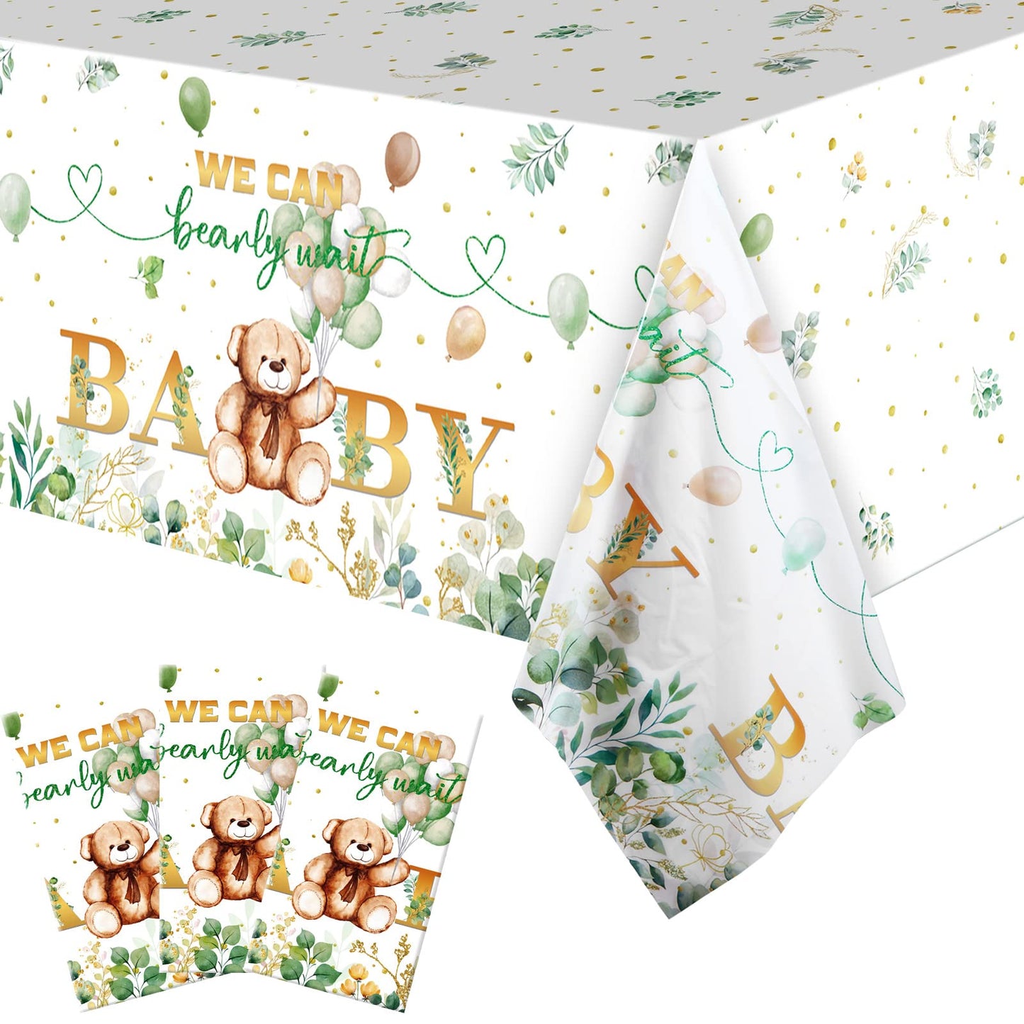 3 Packs We Can Bearly Wait Baby Shower Tablecloth Decorations Teddy Bear Table Cover Balloon Bear Plastic Tablecloth for Bear Th