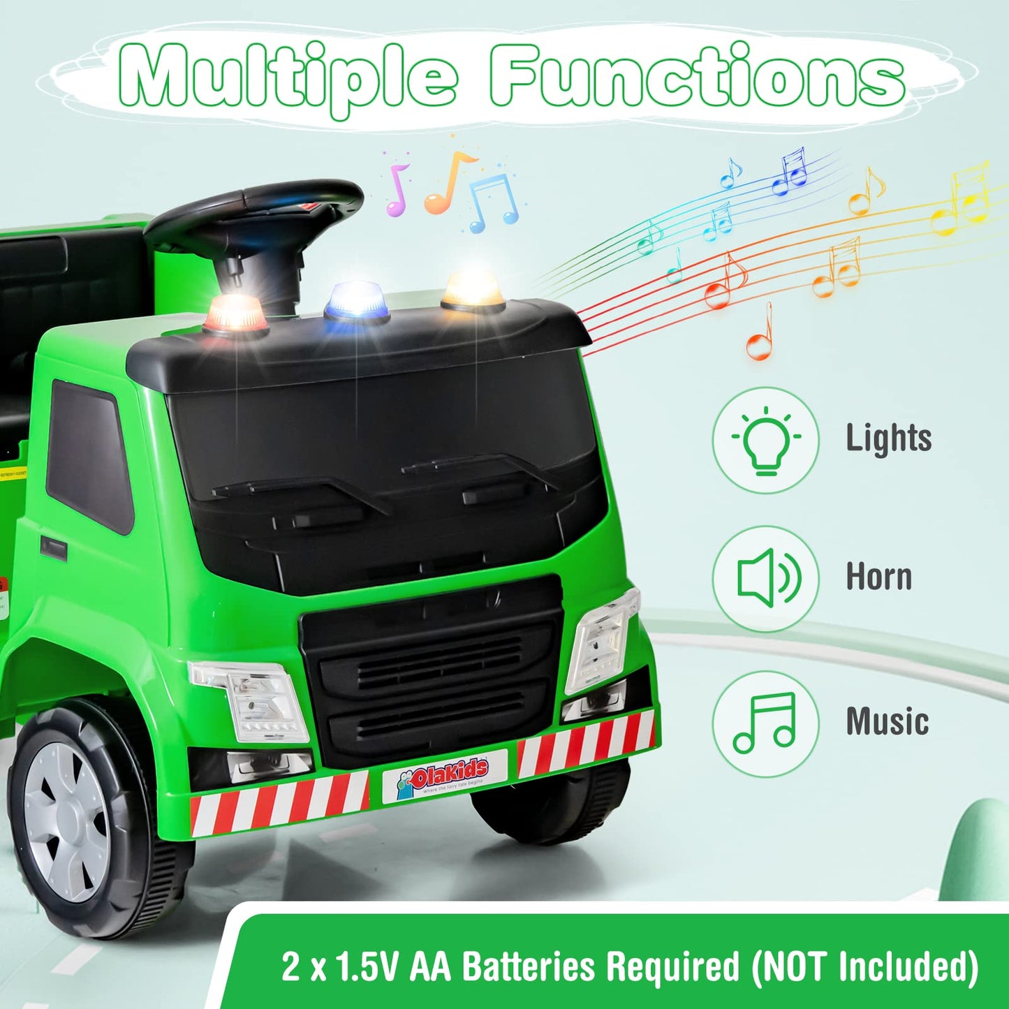 Olakids Ride on Electric Garbage Truck for Toddlers, Green, 33.5’’ x 20’’ x 23’’, Includes Music, Horn, Recycling Accessories, Model CH9966