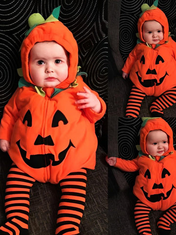 WOLBAY 2Pcs Infant Halloween Pumpkin Costume Set, Fleece Hoodie Romper & Cotton Pants, 3-6 Months, Orange-A for Baby Boy Girl