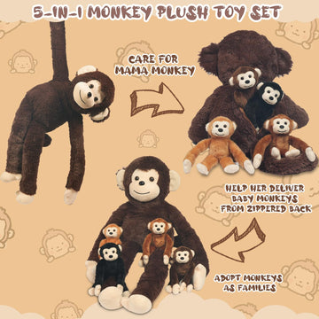 XYHQYB Monkey Stuffed Animals Set, 5 Plush Monkeys in Zippered Pouch, Brown, Nurturing Gifts for Boys and Girls, Model QYB-007