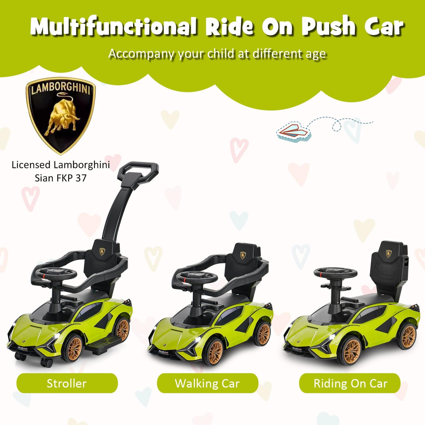 Infans 3 In 1 Ride On Push Car, Licensed Lamborghini Baby Stroller Sliding Walking Car With Push Handle, Music, Usb, Headlight, Under Seat Storage, Kids Foot-To-Floor Toy For 18-60 Months (Green)