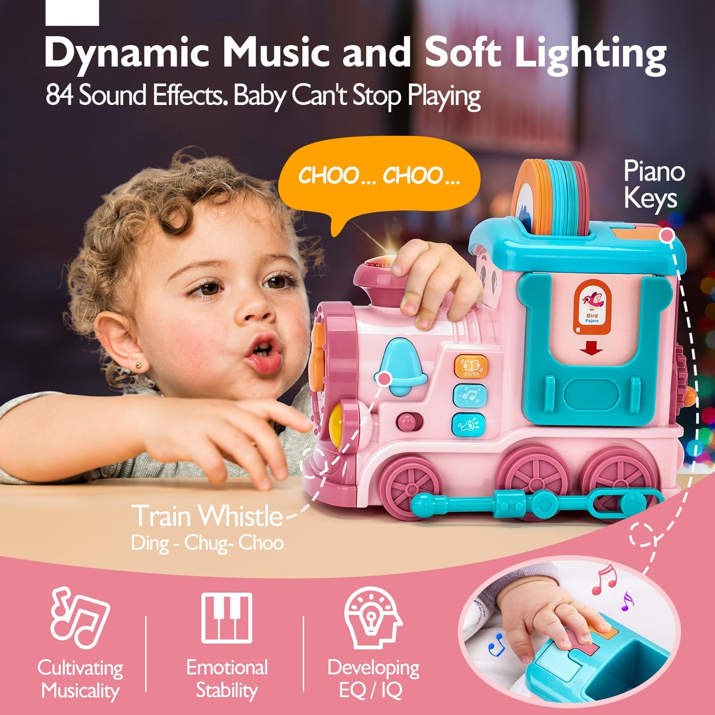 Musical Toy For 1 2 Year Old Girl Gifts,First Year Activity Musical Train With Talking Flash Cards Bilingual (En/Es), Educational Learning Toys For Toddlers, Baby Toys 12-18 Months Girl Easter Gifts