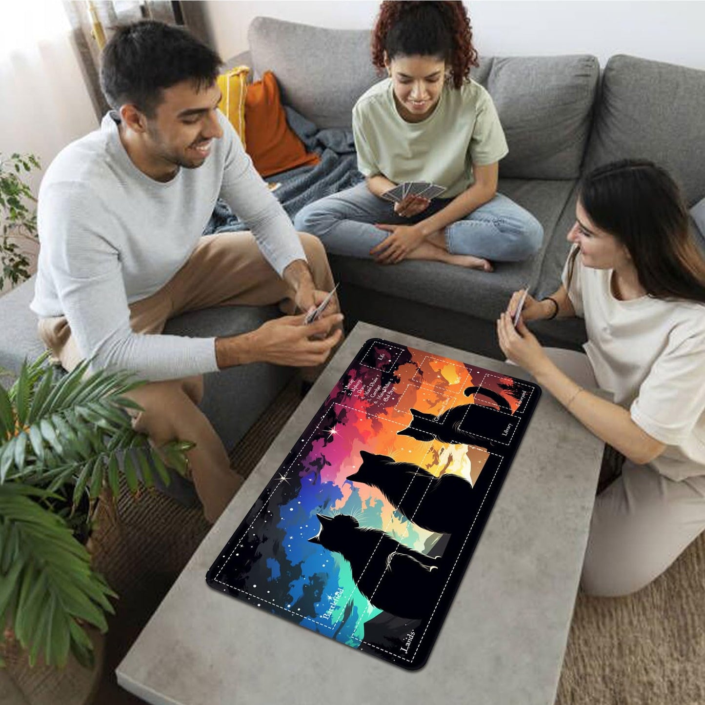 Playmat for MTG Magic Size 24x14 Inch Game Mats Tabletop Magic Play Mats enhanced Smooth Rubber Surface Mousepad Compatible Qindaiwen for MTG RPG CCG Trading Card Game Play mats Three Cats