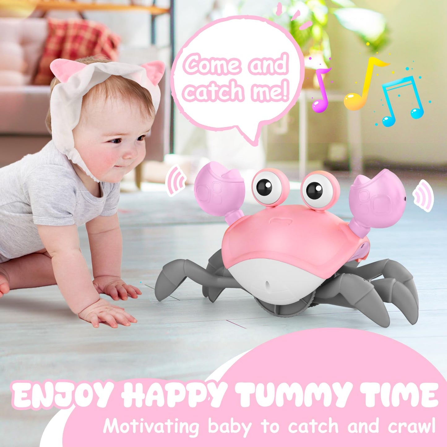 Crawling Crab Baby Toy, Tummy Time Girl Gifts For Babies 3-6 6-12 Month, Light-Up Walking Dancing Moving Crab With Music & Obsta