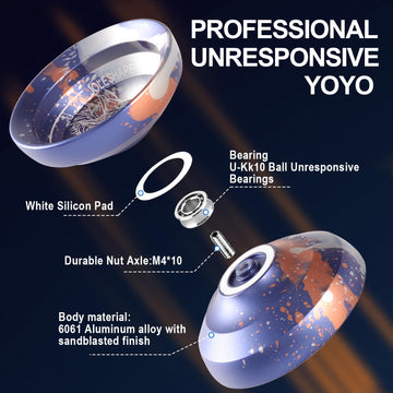 JOLESHARE Professional Unresponsive Yoyo for mature-themeds Metal Responsive Yoyo Suitable for Beginners Intermediate and Advanced Players + 5 Yoyo Strings + Responsive Bearing + Glove (Orange Purple)