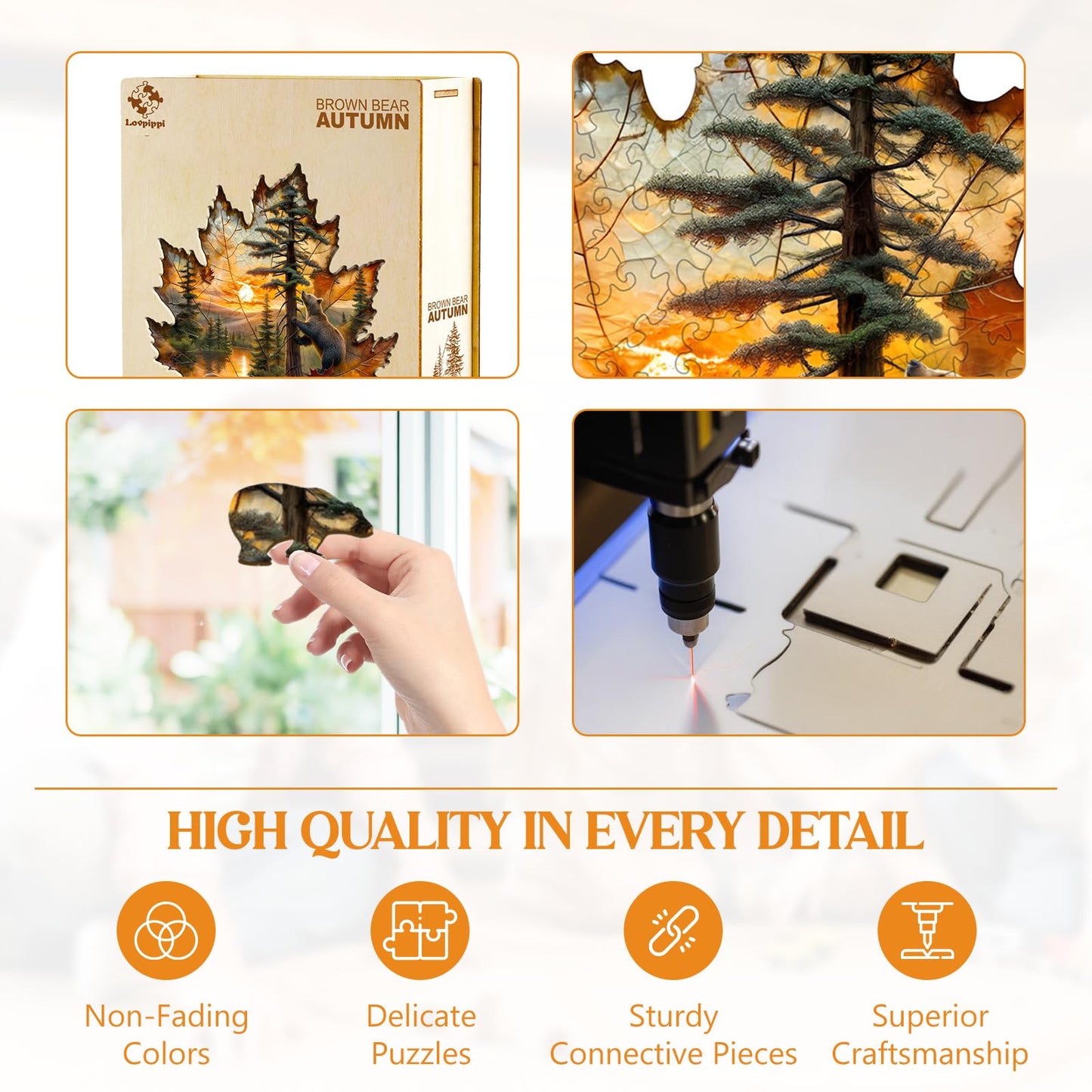 Wooden Puzzles for mature-themeds Wooden Jigsaw Puzzles for mature-themeds Brown Bear Autumn Maple Leaf Unique Shaped Wood Puzzles mature-themed Creative Gifts for Friends Family Game Home Decor (13.4 * 12.4in 220pcs)