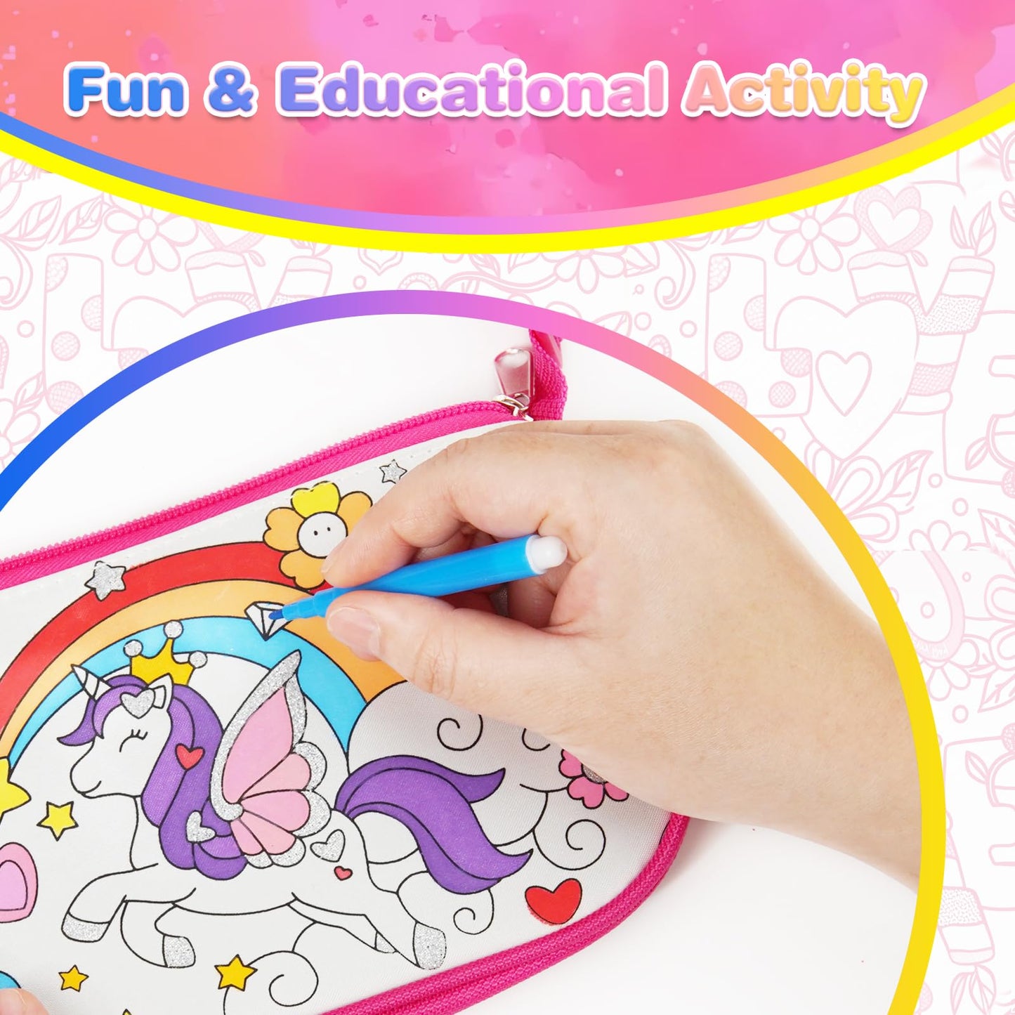 Ambesi Coloring Handbag, Color Your Own Bag, DIY Party Graffiti Bag with 12 Color Pens, Arts and Crafts Kit, Gift for Girls (Rai