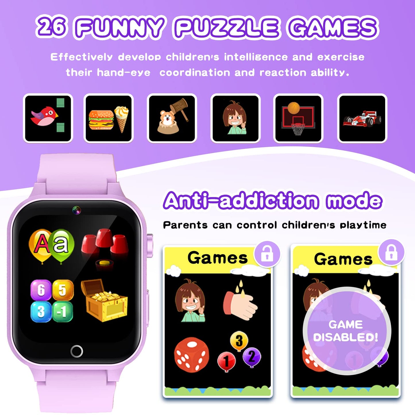 Cosjoype Kids Smart Watch Girls Age 5-12, 26 Games High-Resolution Touchscreen With Video Camera Music Player Pedometer Flashlight 12/24 Hr Educational Toys Birthday Gifts For Girls Ages 6-12
