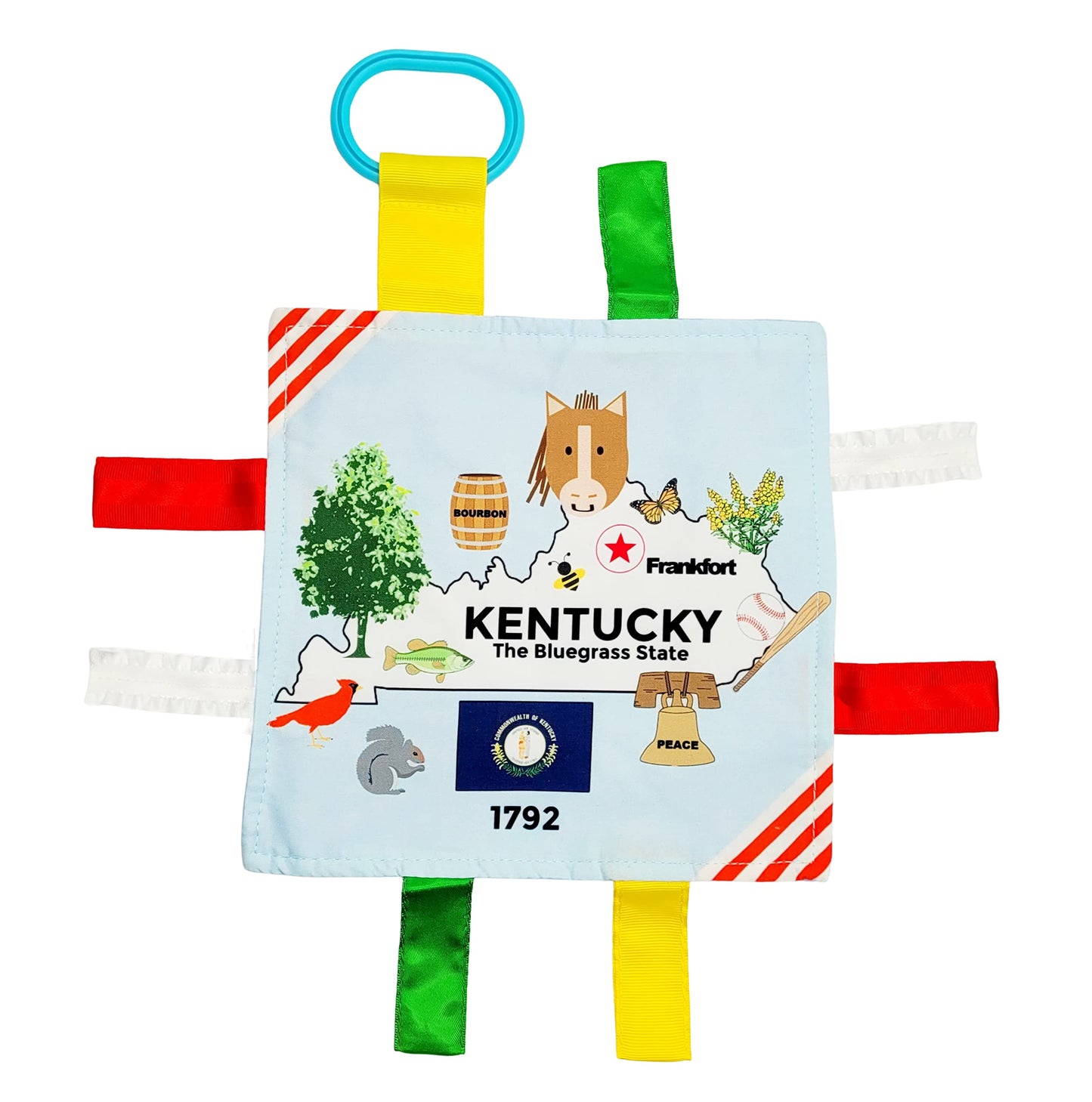 Baby Jack & Co 8X8” Learning Lovey Tag Toys For Babies - Baby Crinkle Toys - Crinkle Toys For Baby - Soft & Safe - Learn Usa State Facts - Ideal Baby Toy Bpa Free W/Stroller Clip (Kentucky)