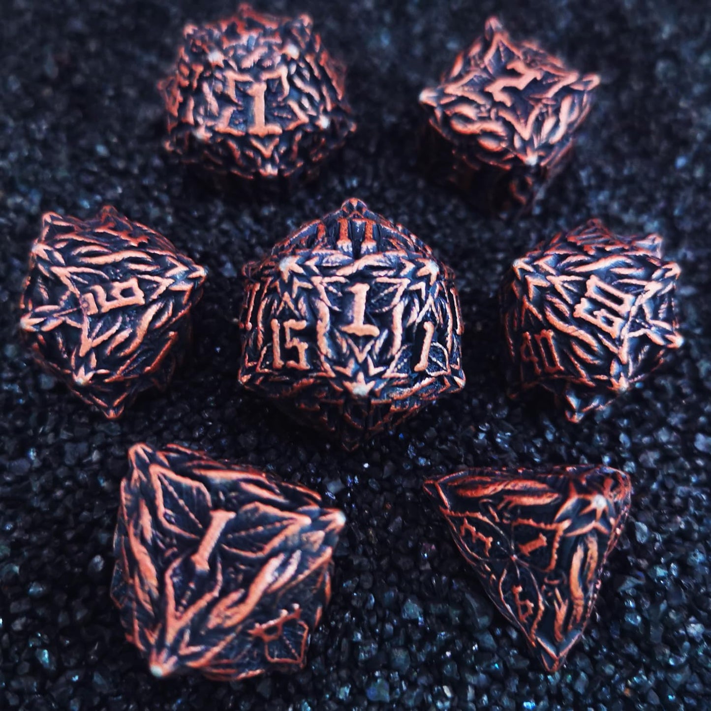 Mjdiceok Metal Dnd Dice Leaf Vine Set Dice 7 Role Playing Dice Polyhedral D&D Solid Dungeons And Dragons Dice (Antique Red Coppe