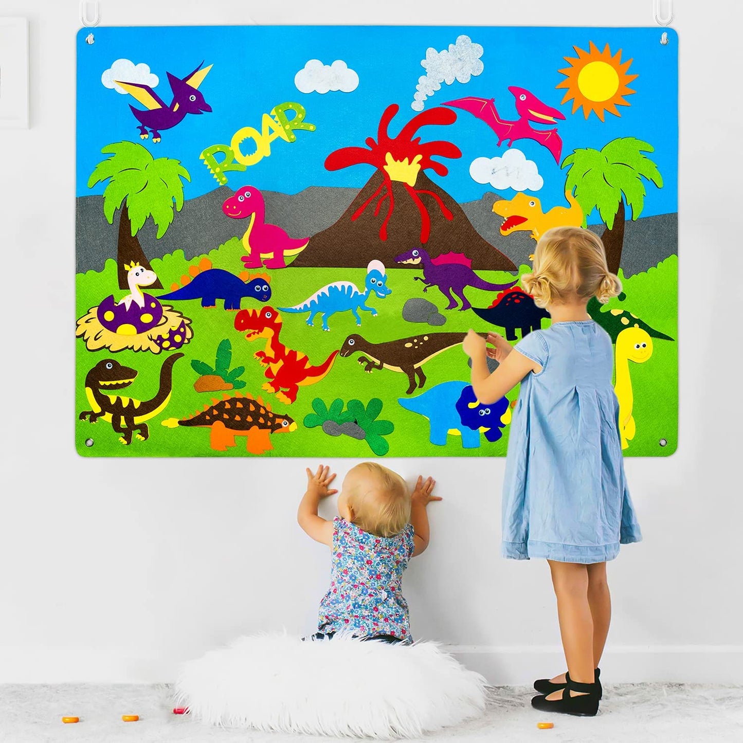 WATINC Dinosaur Felt-Board Stories Set 3.5Ft 37Pcs Preschool Dinosaurs Classification Storytelling Flannel Roar Volcano Ancient