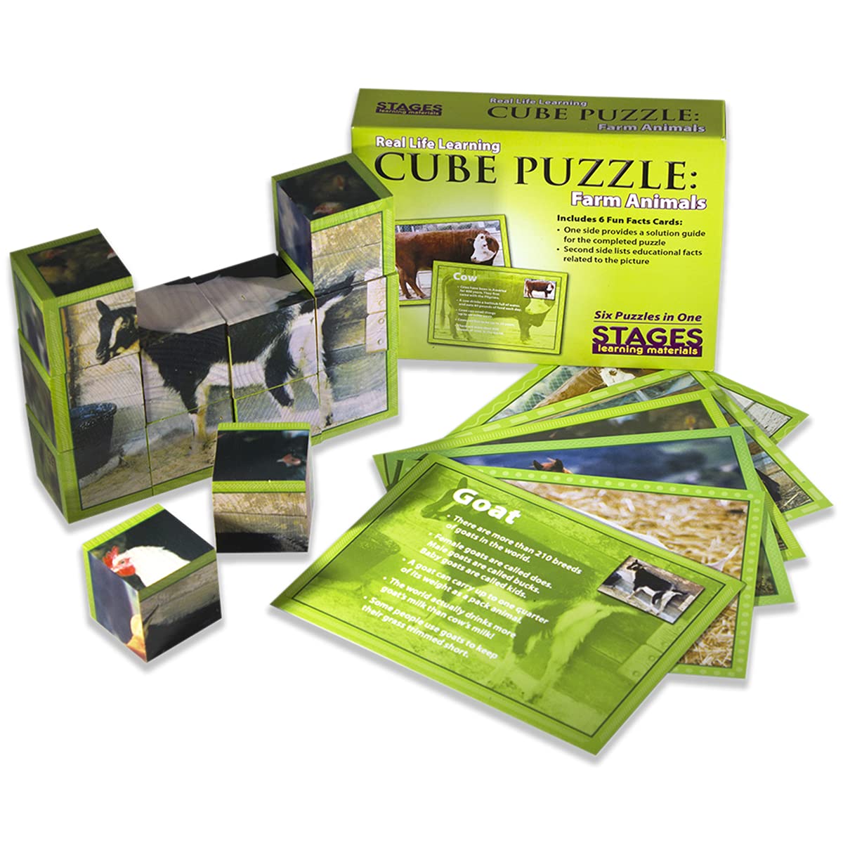 Stages Learning Wooden Farm Animal Cube Puzzle For Preschool Language Builder (Slm408)