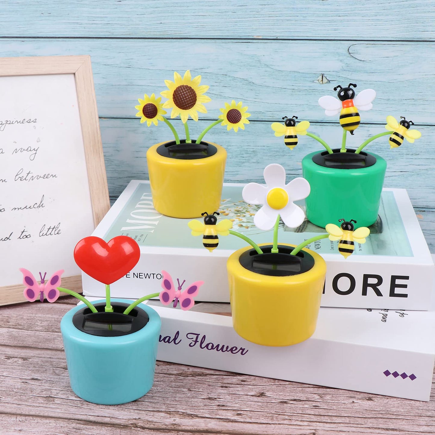 4 Solar Dancing Bee Toy Solar Powered Dancing Flower In Colorful Pots Swinging Heart Sun Flower Flip Flap Animated Bobblehead Dancer Window Rose Sun Catcher Car Dashboard Decor Portable Suncatchers