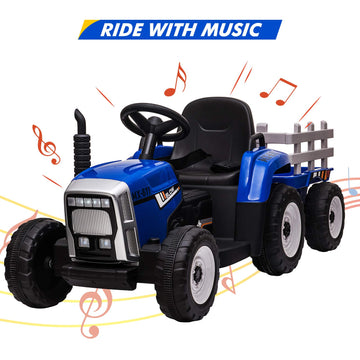 12V Kids Ride On Tractor With Trailer & Remote Control, Toddler Battery Powered Electric Car Slow Start 7Led Headlights Usb Music Player 2+1 Gear Shift, Blue, 25W/Treaded Tires