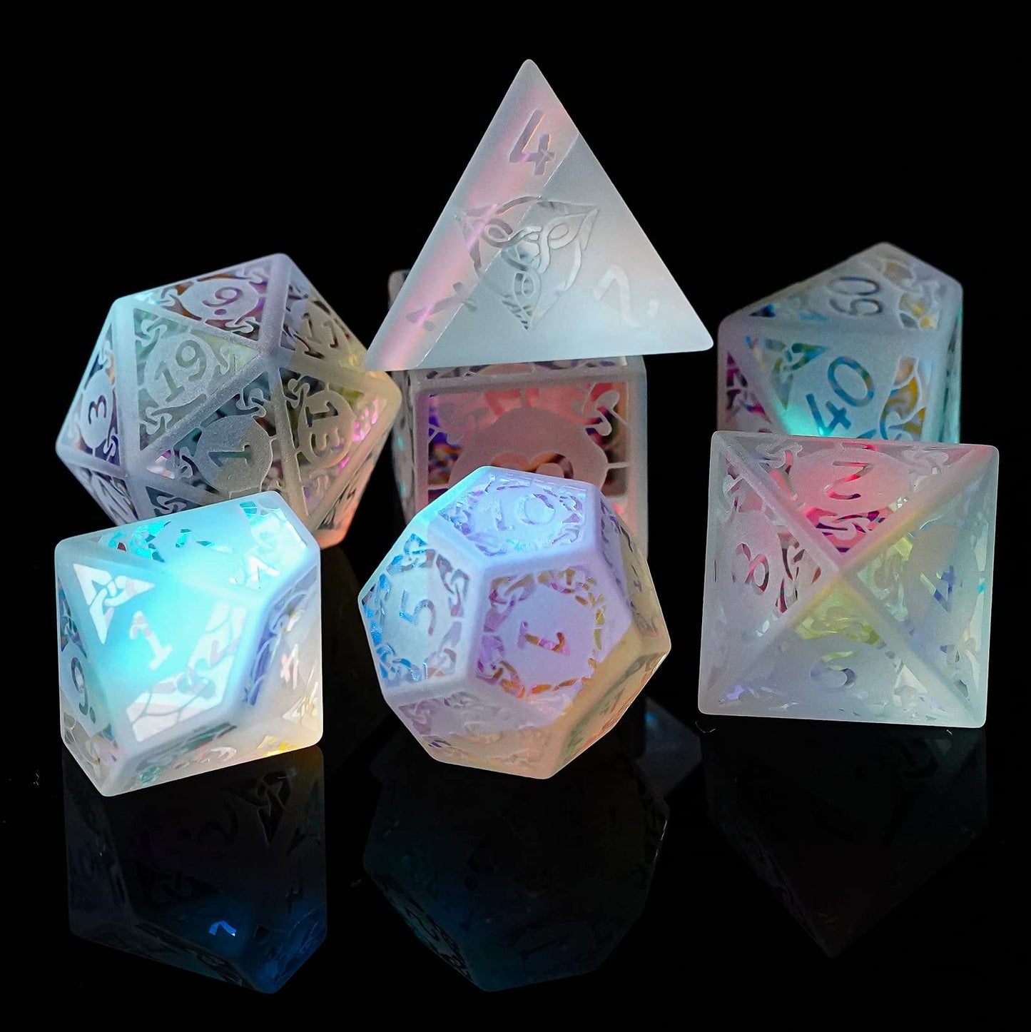 UDIXI Prism Glass DND Dice Set, 7PCS Frosted Glass Dice Rainbow Glass D and D Dice for Dungeons and Dragons Table Games D&D (San