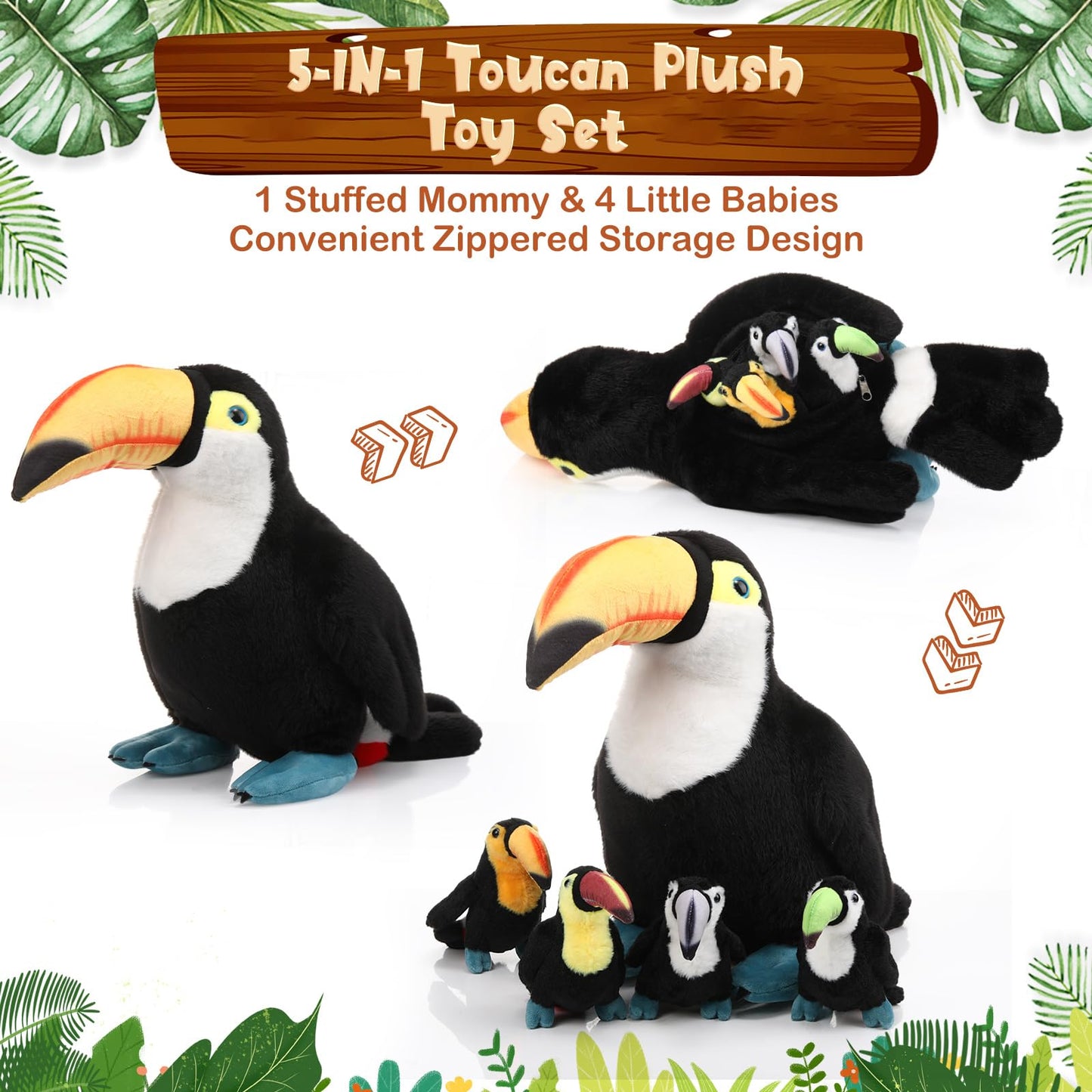 Hydren 5 Pcs Toucan Plush Stuffed Animal Black Bird Stuffed Animal Toy 14 Inch Large Realistic Mommy Bird With 4 Small Babies Pl