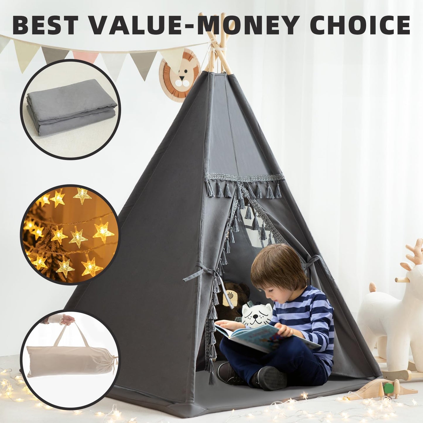 Xiaowantong Kids Teepee Tent With Padded Mat, Lights, And Carry Bag,Natural Cotton Canvas Washable Playhouse For Indoor Use,Idea