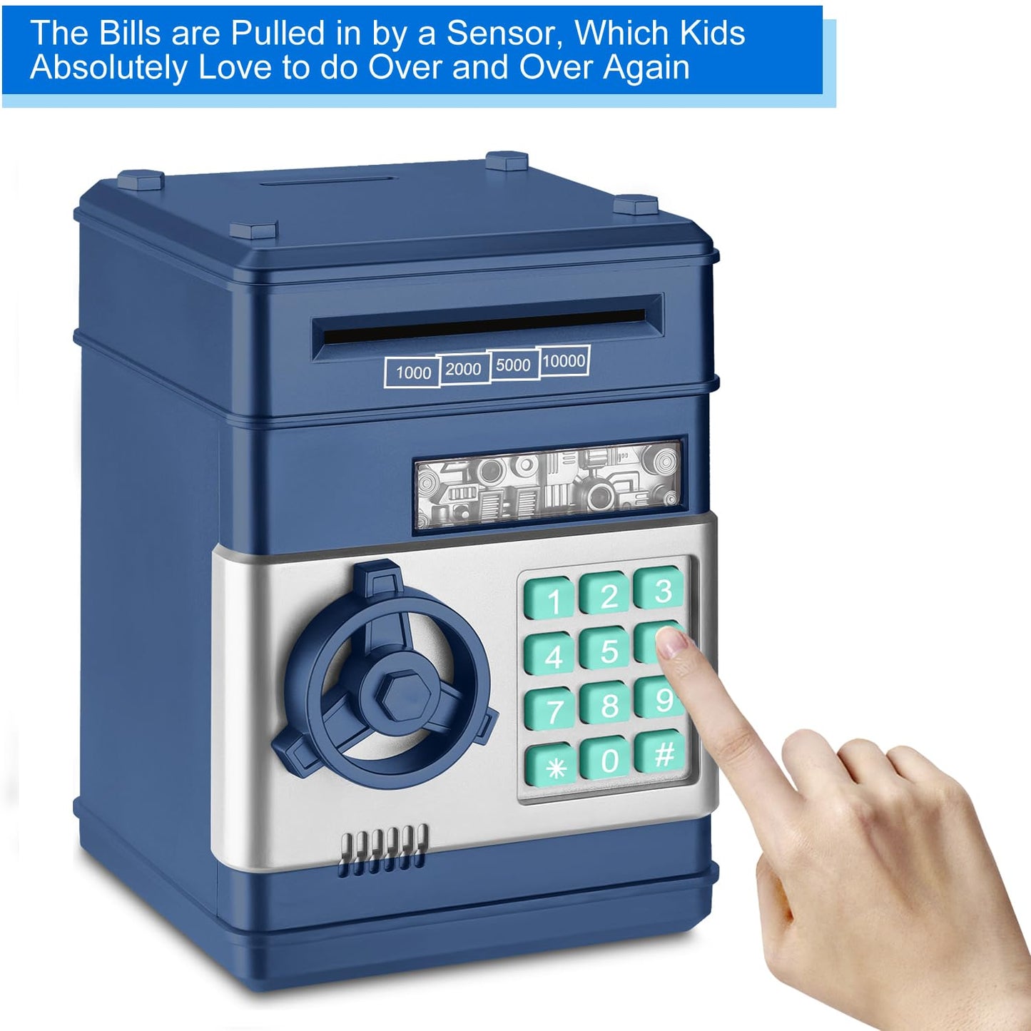 Renvdsa Cartoon Electronic Atm Password Piggy Bank Cash Coin Can Auto Scroll Paper Money Saving Box Gift For Kids (Navy Blue)