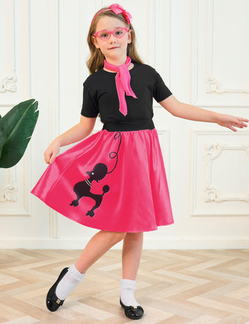 APRROOT 50s Outfit for Girls Decades Day Outfits Kids Girls Poodle Skirts 50s Costume with Headbands, Glasses, Scarves 8-10Y Hot