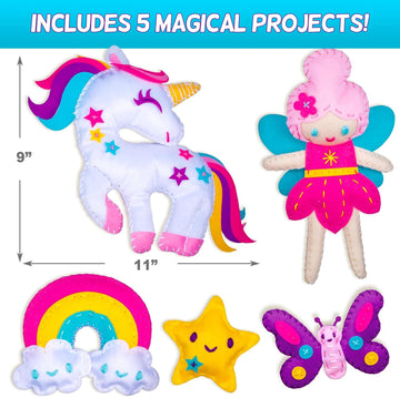 CRAFTSBEE Magical Unicorn Sewing Kit - Create 5 Felt Animals & Pillow - Large, Unicorn Crafts for Girls 7+