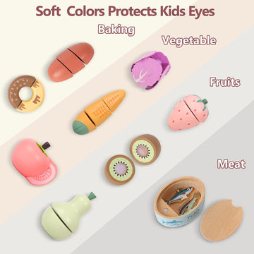 WHOHOLL Play Food Set for Play Kitchen Accessories, Wooden Toys Food Pretend Cutting Food with Apron, Montessori Toys for 1+ Yea