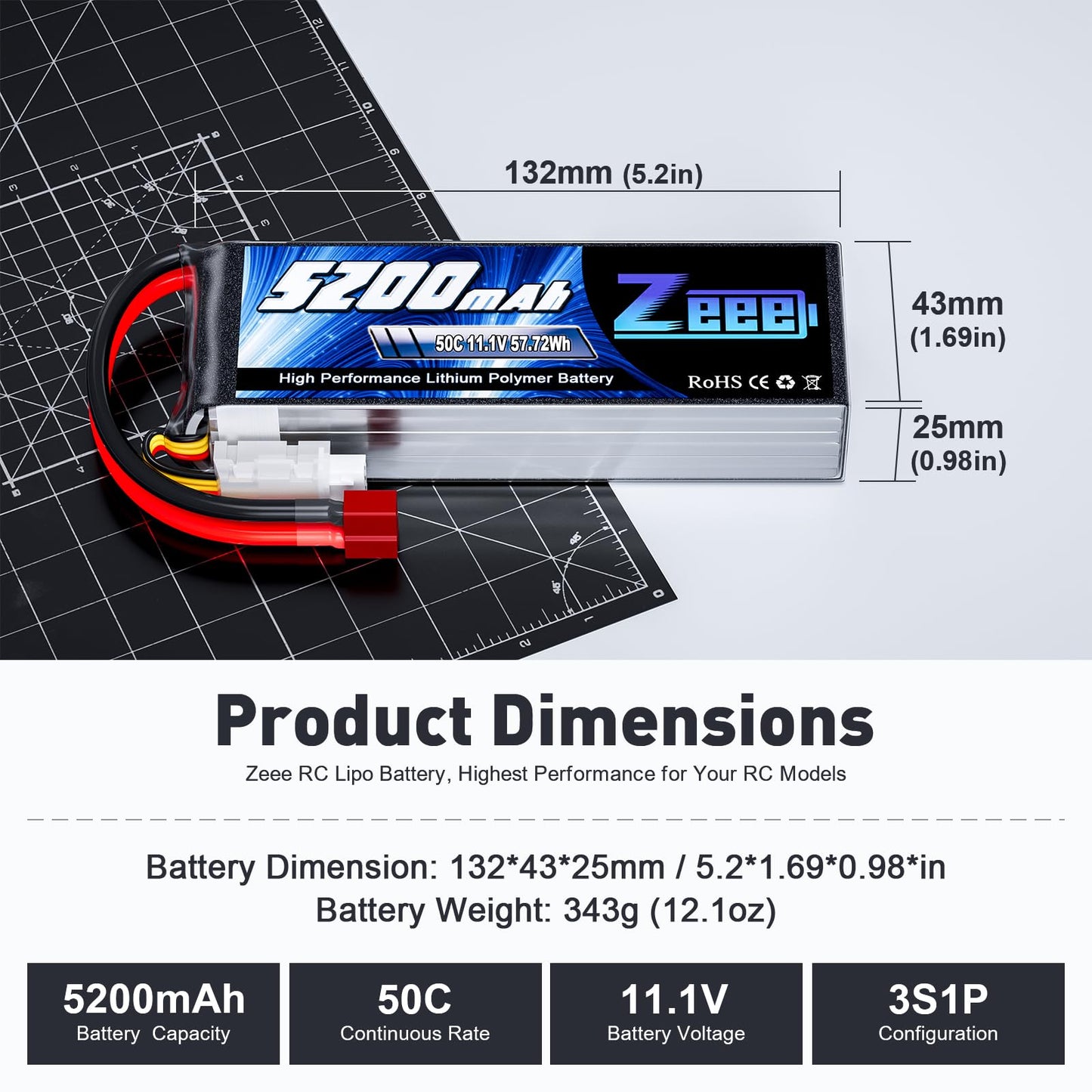 Zeee 3S Lipo Battery 5200mAh 11.1V 50C RC Battery with Deans and XT60 Connector Soft Case Battery Compatible with RC Plane Quadc