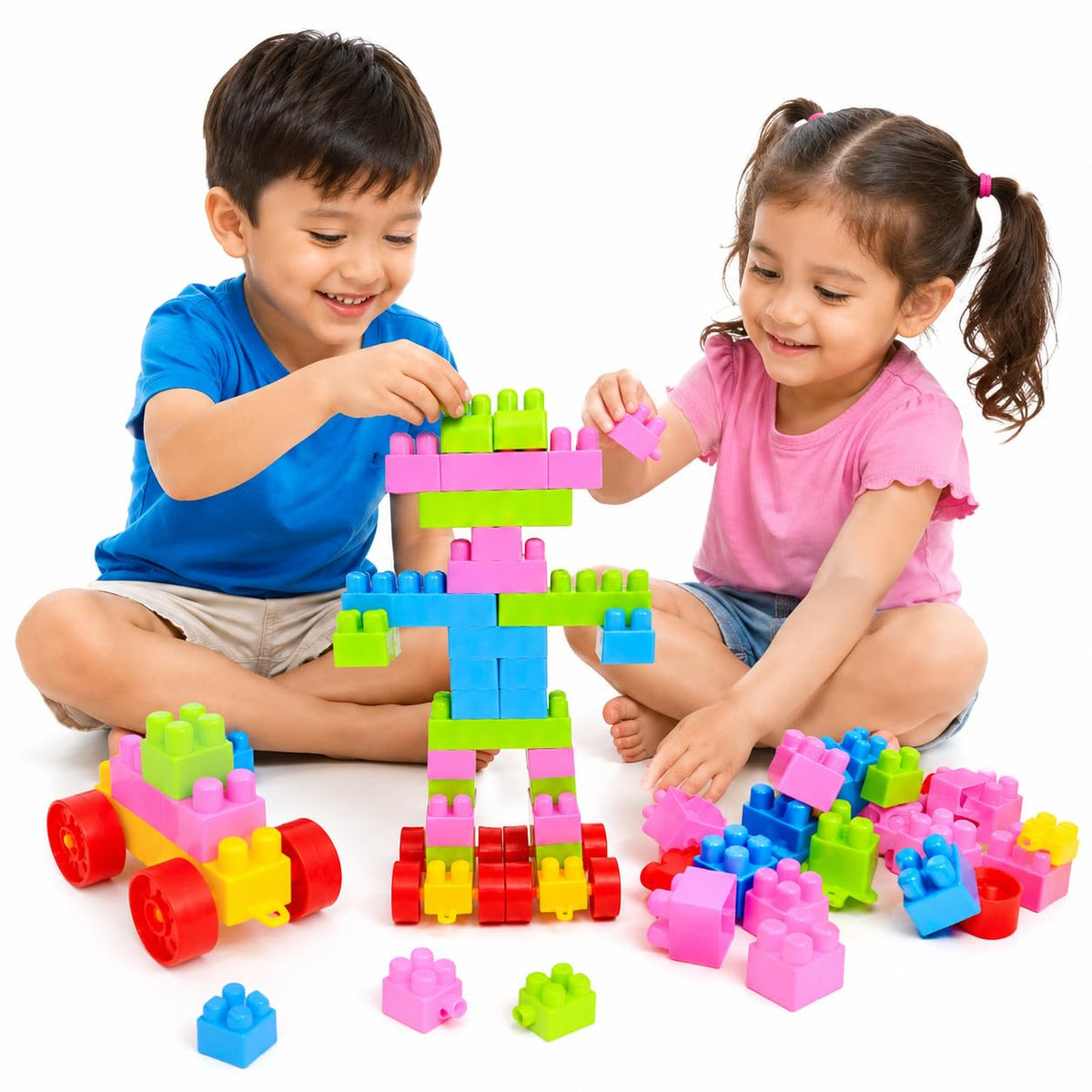 Colorful Interlocking Building Blocks Set with Wheels, 35+ Pieces