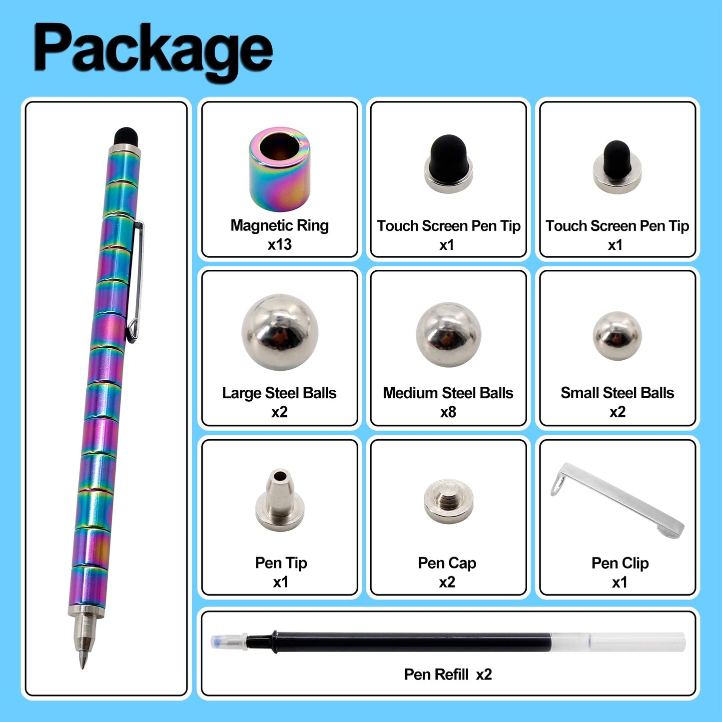 TTzycc Magnetic Pen Decompression Magnet Metal Pen Fidget Pen with 13 Rings Creative Toy Can Write Intellectual Learning and Stress Reduction Gifts for Family or Friends.
