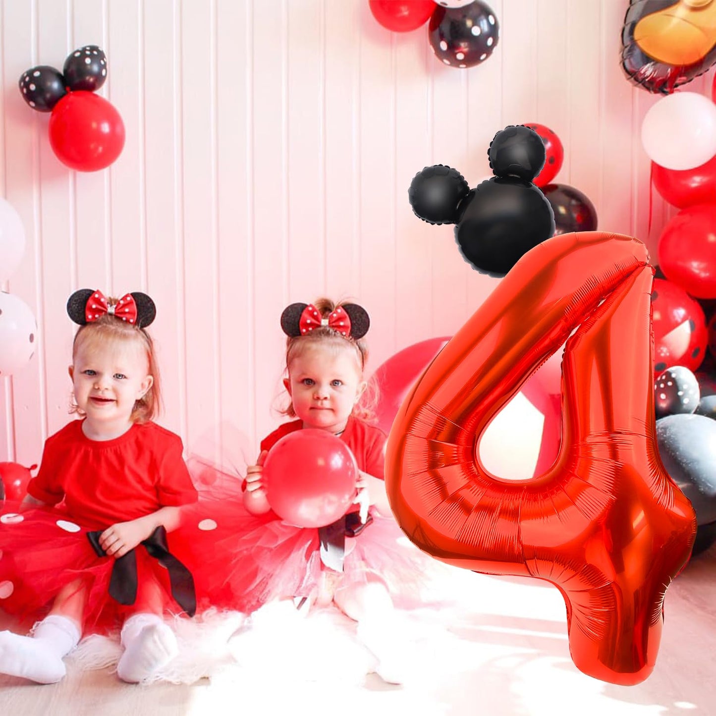 Lebery Mouse Number 4 Balloon 40 Inch Red Number 4 Balloon Mini Mouse Head Balloon For 4Th Birthday Party, Black Red Large Number 4 Foil Balloon For Baby Shower Anniversary Supplies Decorations
