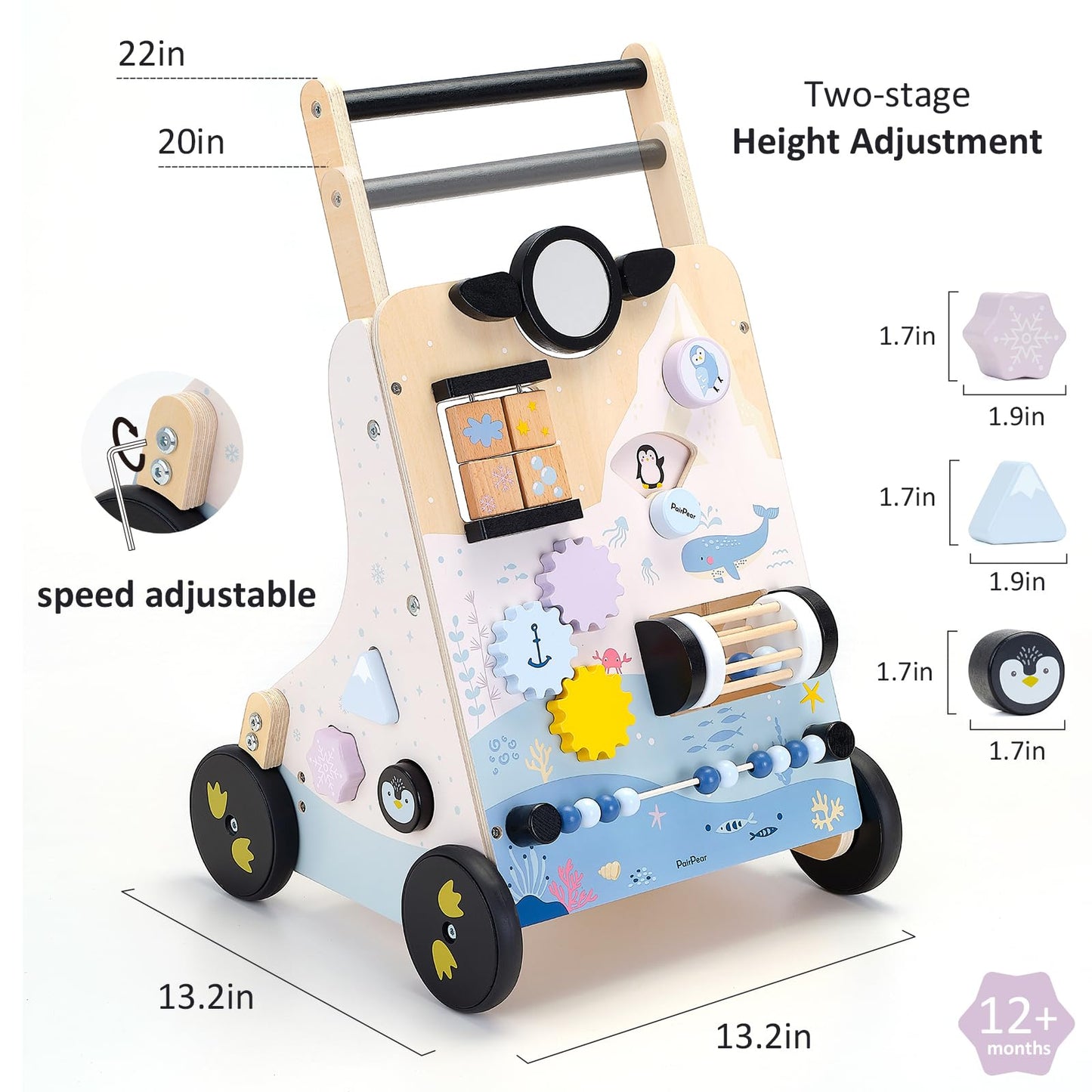 PairPear Wooden Baby Walker, Baby Push Walker Activity Center Toys,Montessori Walker Toy with Shape Sorter, Adjustable Speed Act