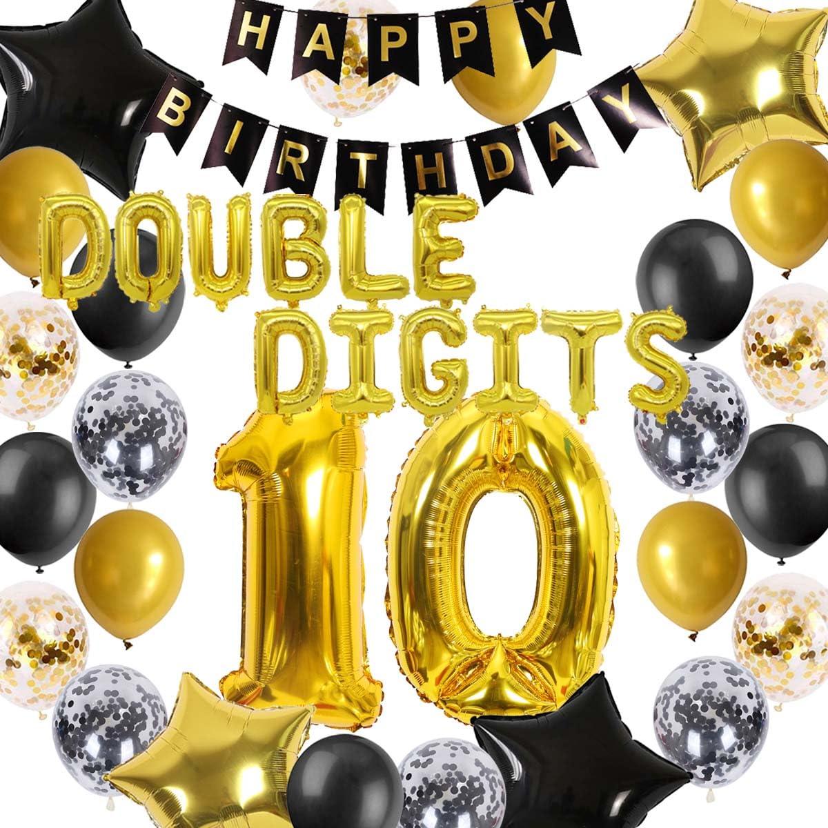 10Th Birthday Decorations For Boys, Double Digits 10Th Birthday Decoration, Black Gold 10Th Birthday Banner Number 10 Foil Ballo