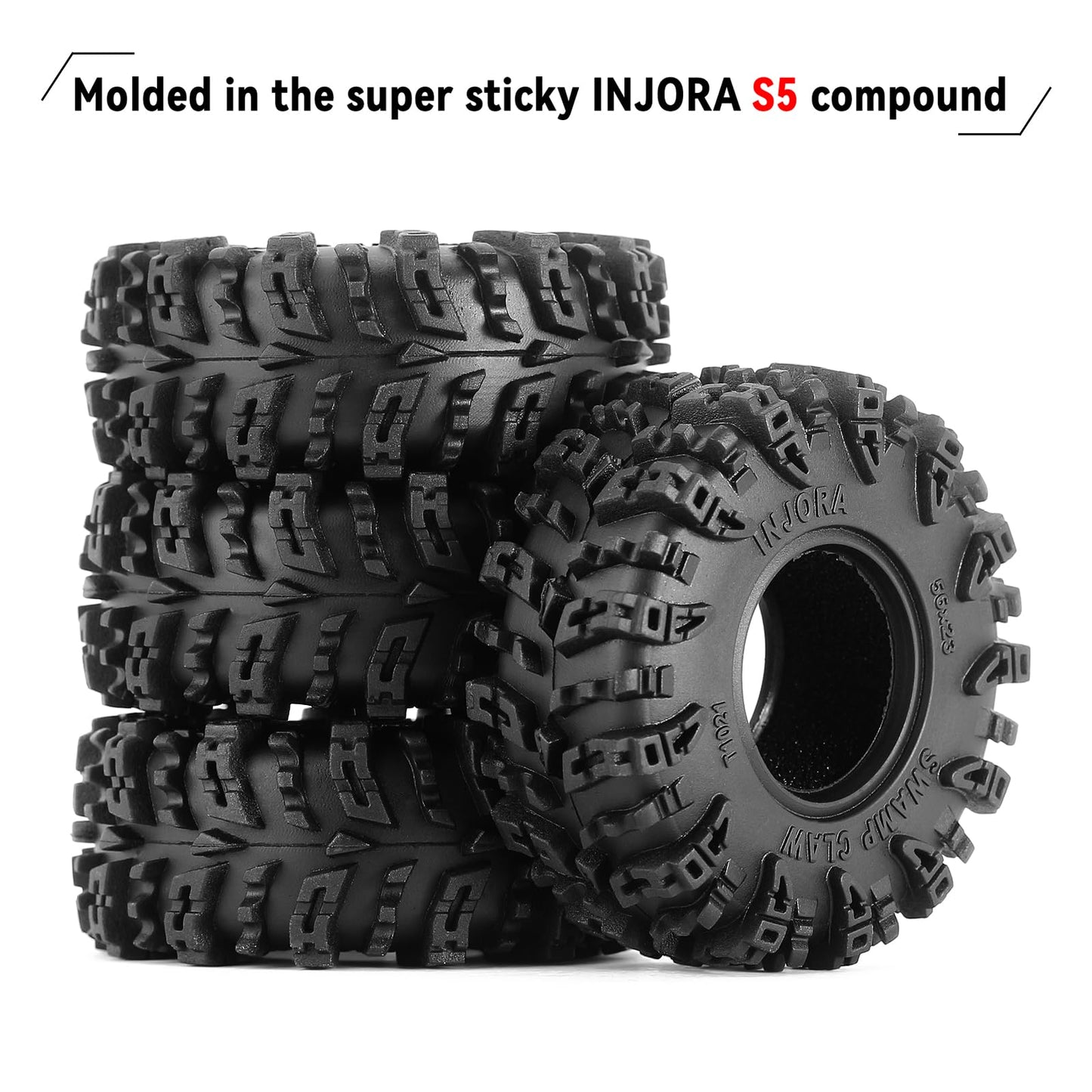 INJORA 1.0 Tires - S5 Swamp Claw Mud Terrain Tires for TRX4M AX24 SCX24 FCX24 1/18 1/24 RC Crawler Car, 56 * 23mm, T1021