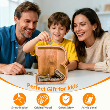 Wooden Letter Piggy Bank for Kids Initial Coin Bank for Boys and Girls First Name Personalized Savings Bank for Birthday Boys Girls Gift Piggy Bank for Kids (Wood S9-B)