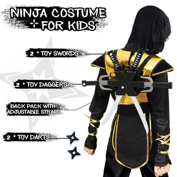 Digi Kids Halloween Ninja Costume For Boys,Golden Ninja Costume Set With Ninja Toys,Halloween Costumes For Kids 4-12T