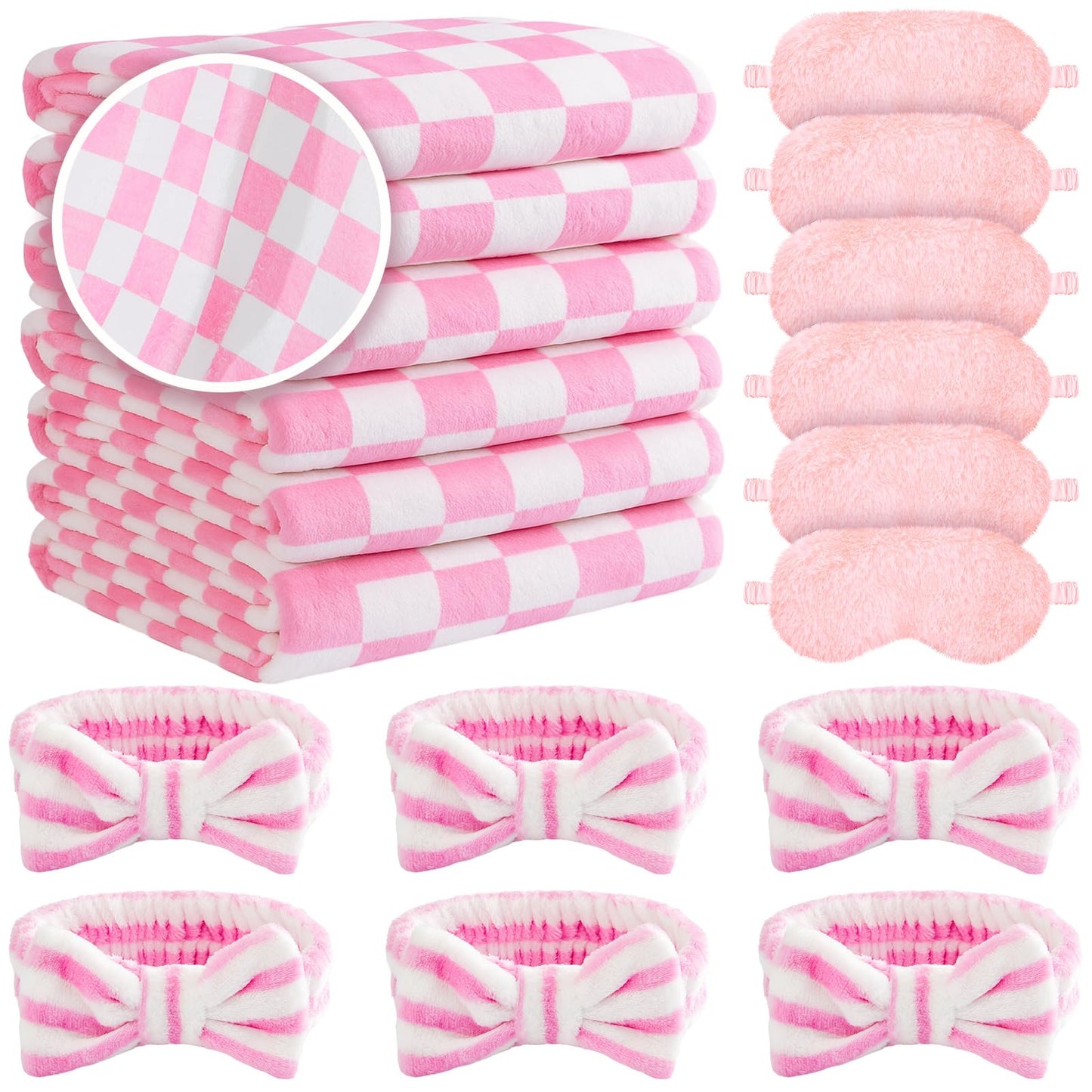 Fanfanwin 18 Pcs Sleepover Party Supplies for Girls, 6 Style Cute Pink Plaid Blanket 6 Coral Fleece Spa Headband 6 Plush Pink Ey