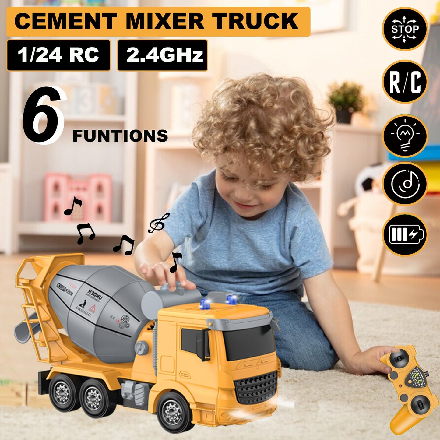 Calest Remote Control Construction Cement Truck Toy Rc Vehicle,6 Channel Truck Toys With 2 Rechargeable Batteries,1/24 Scale Cem