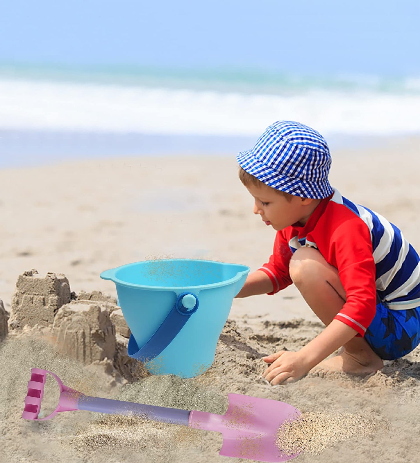 Iokuki Long Shovels Sand Toys Set With Mesh Bag Including Dump Truck, Beach Buckets, Shovels, Rakes, Molds, Outdoor Beach Toys T