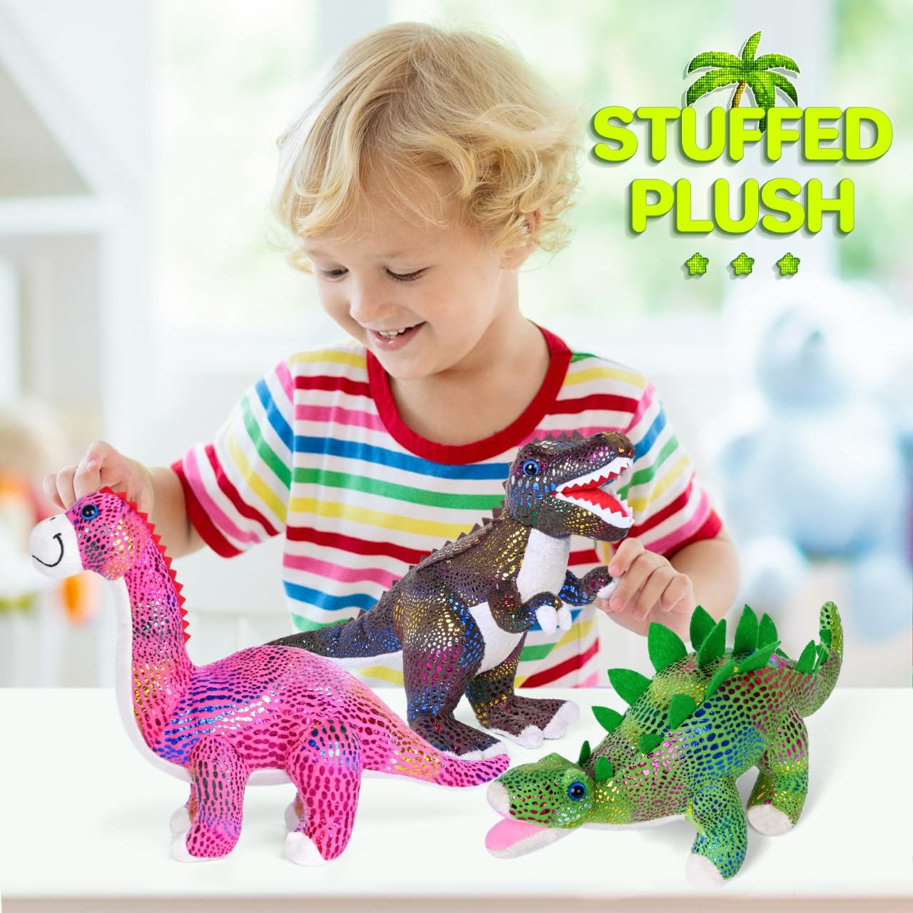 Madzee Plush Dinosaur Stuffed Animal Set Of 3 Soft Dinosaurs, 10'' Stuffed Dinosaur Set Includes T-Rex Brachiosaurus Stegosaurus